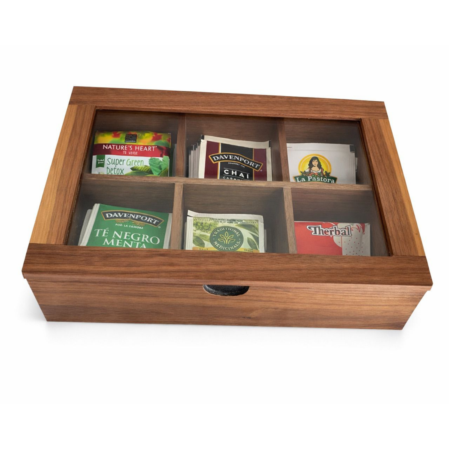 Caja de Té Tapa de Vidrio — Nogal
